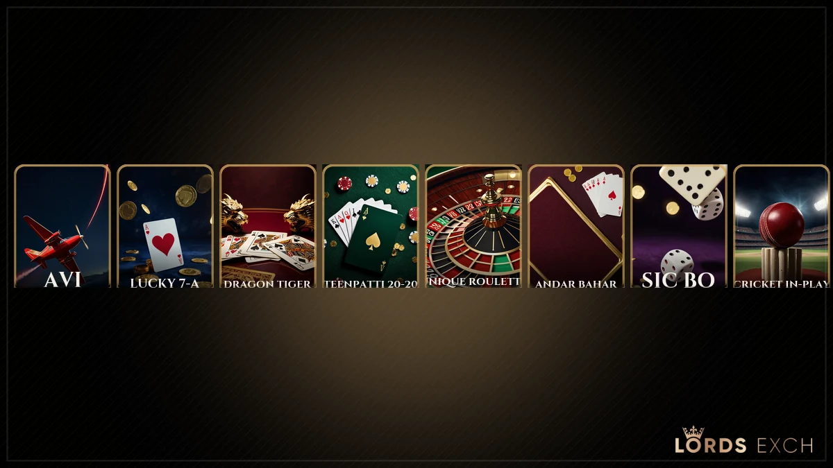 Lords Exchange app game tiles including AVI, Teenpatti 20-20, Unique Roulette, JetX and Lucky 7-A