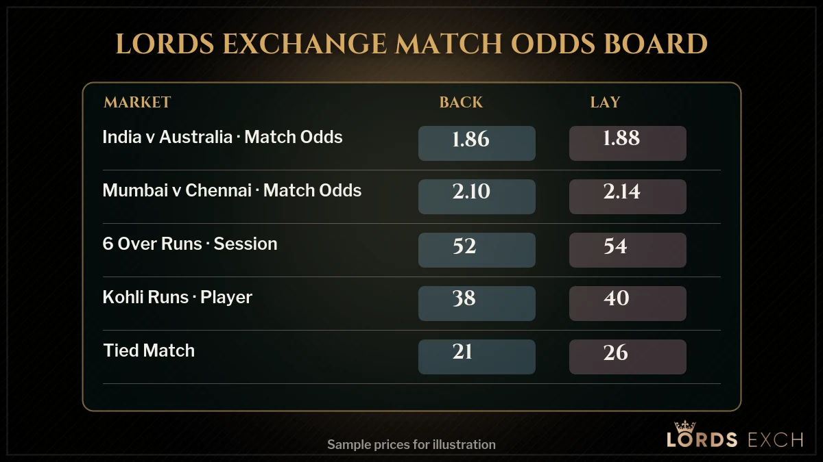 Lords Exch cricket odds board showing back and lay prices for an IPL match