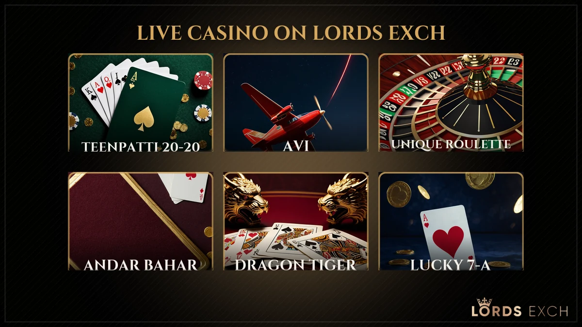 Lords Exchange live casino floor with Teenpatti 20-20 and Teenpatti 1Day dealer tables