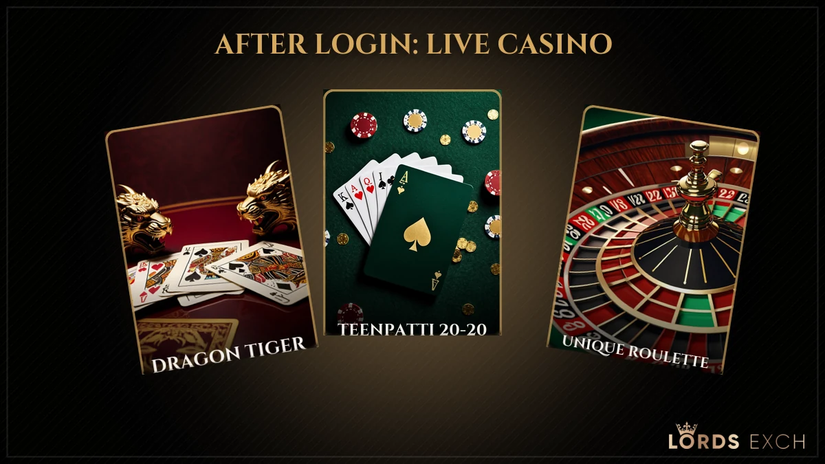 Lords Exchange casino games available after login: Teenpatti 20-20, Unique Roulette, AVI and JetX tiles