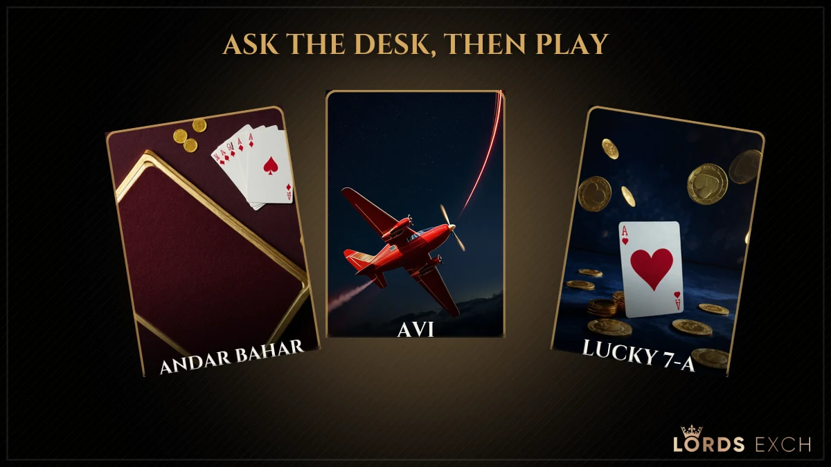 Lords Exchange casino game cards including Teenpatti 20-20, AVI and Unique Roulette opened with an ID from the WhatsApp desk